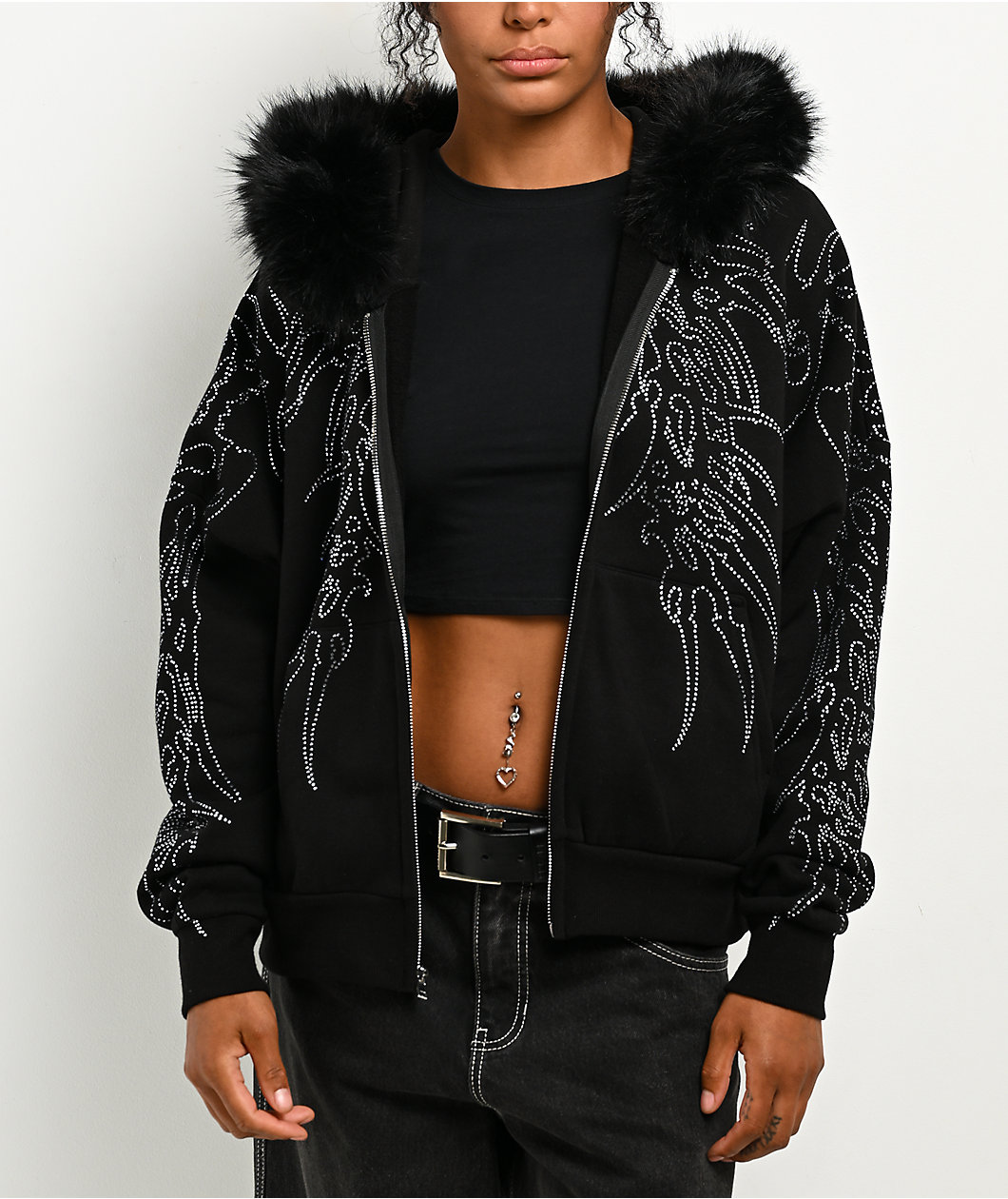 Affliction Skeleton Faux Fur Black Zip Hoodie