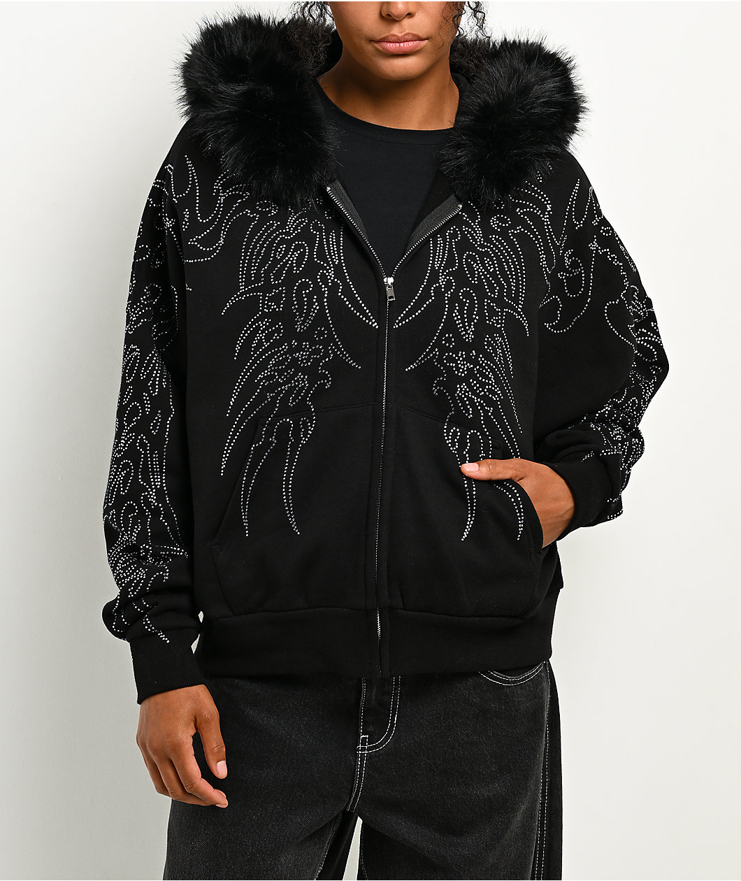 Affliction Skeleton Faux Fur Black Zip Hoodie