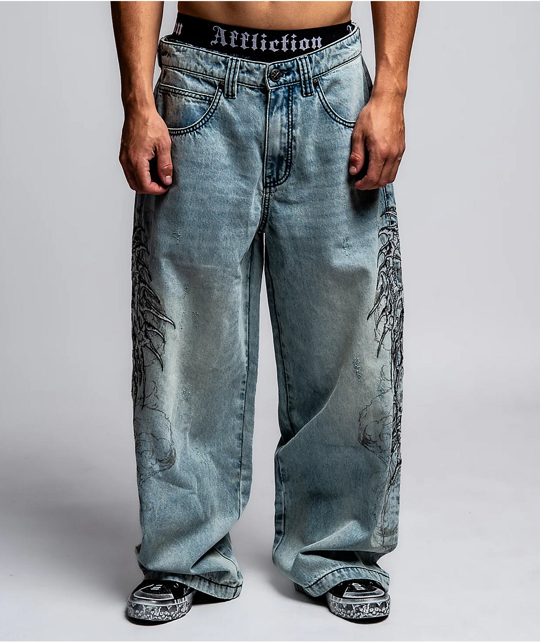Affliction Skeleton Orion Wash Extra Wide Leg Jeans