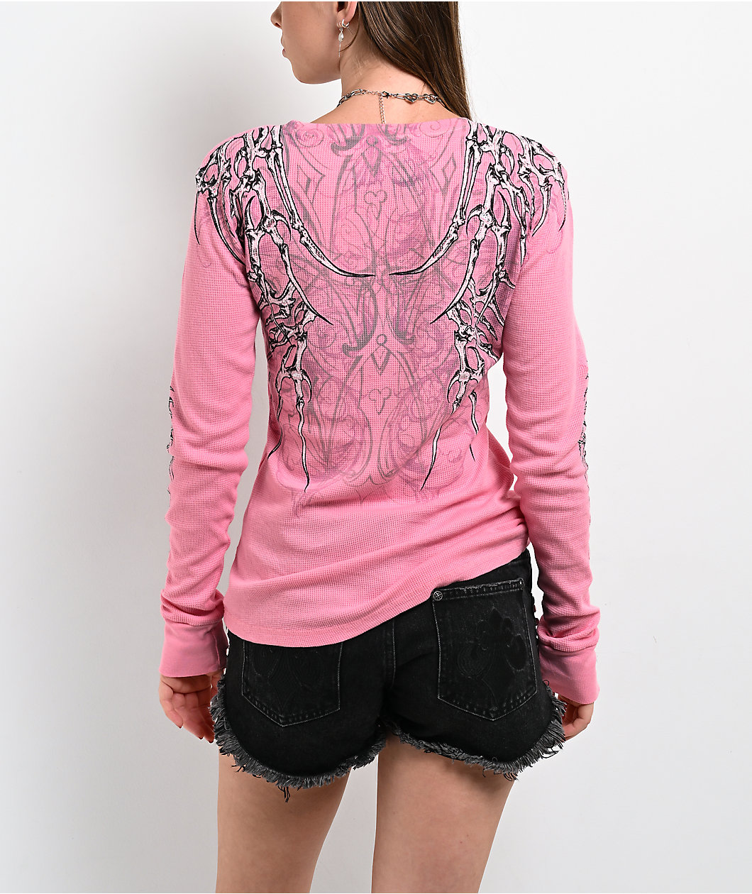 Affliction Skeleton Pink Thermal Long Sleeve T-Shirt