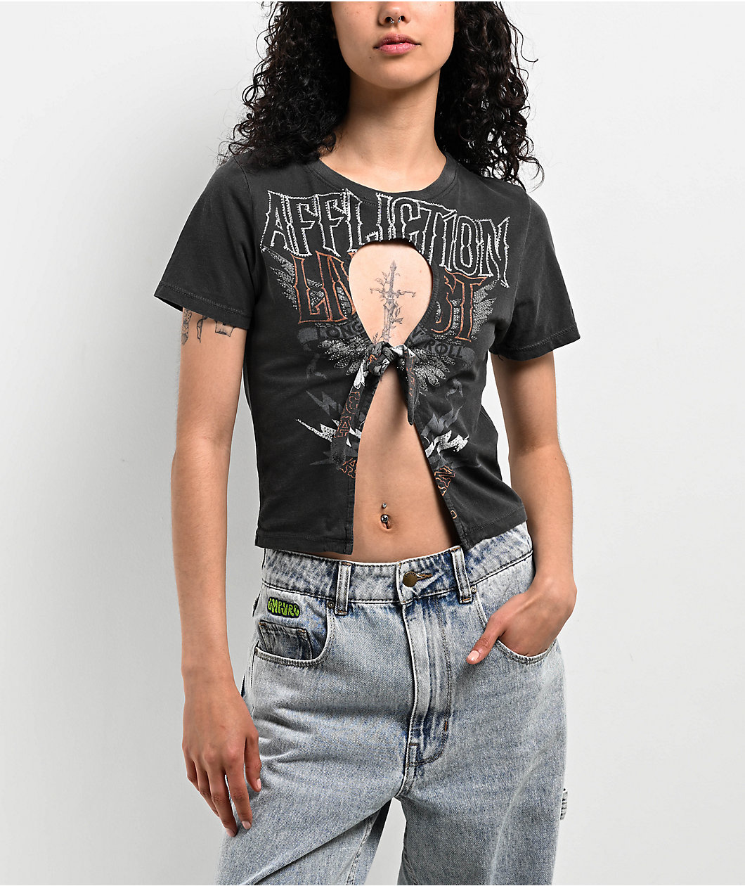 Affliction Sweet Home Black Wash Front Tie Crop T-Shirt