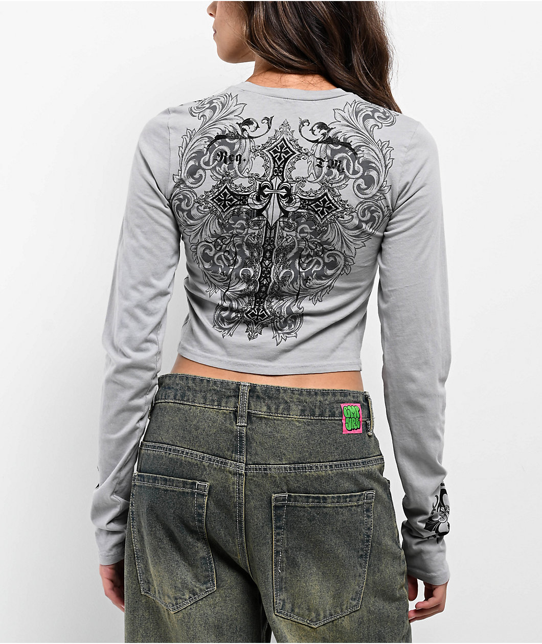 Affliction Syndic Grey Long Sleeve Crop T-Shirt
