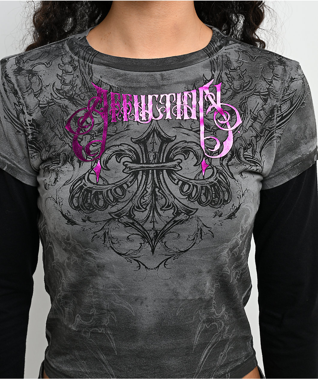 Affliction Vertebrate Tie Dye Grey & Black 2fer Long Sleeve Crop T-Shirt
