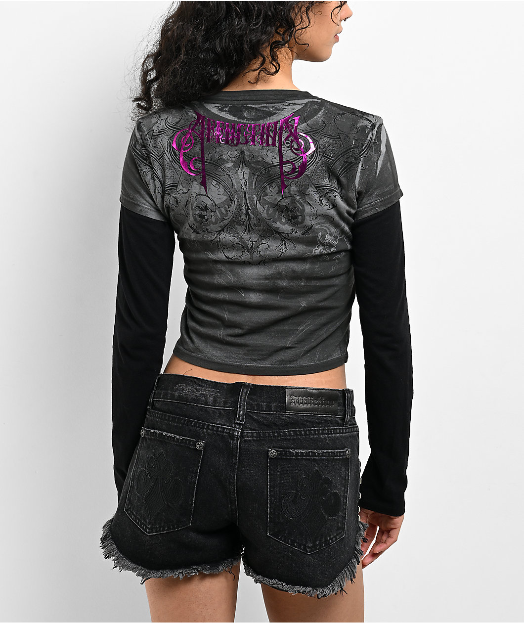 Affliction Vertibrate Tie Dye Grey & Black 2fer Long Sleeve Crop T-Shirt