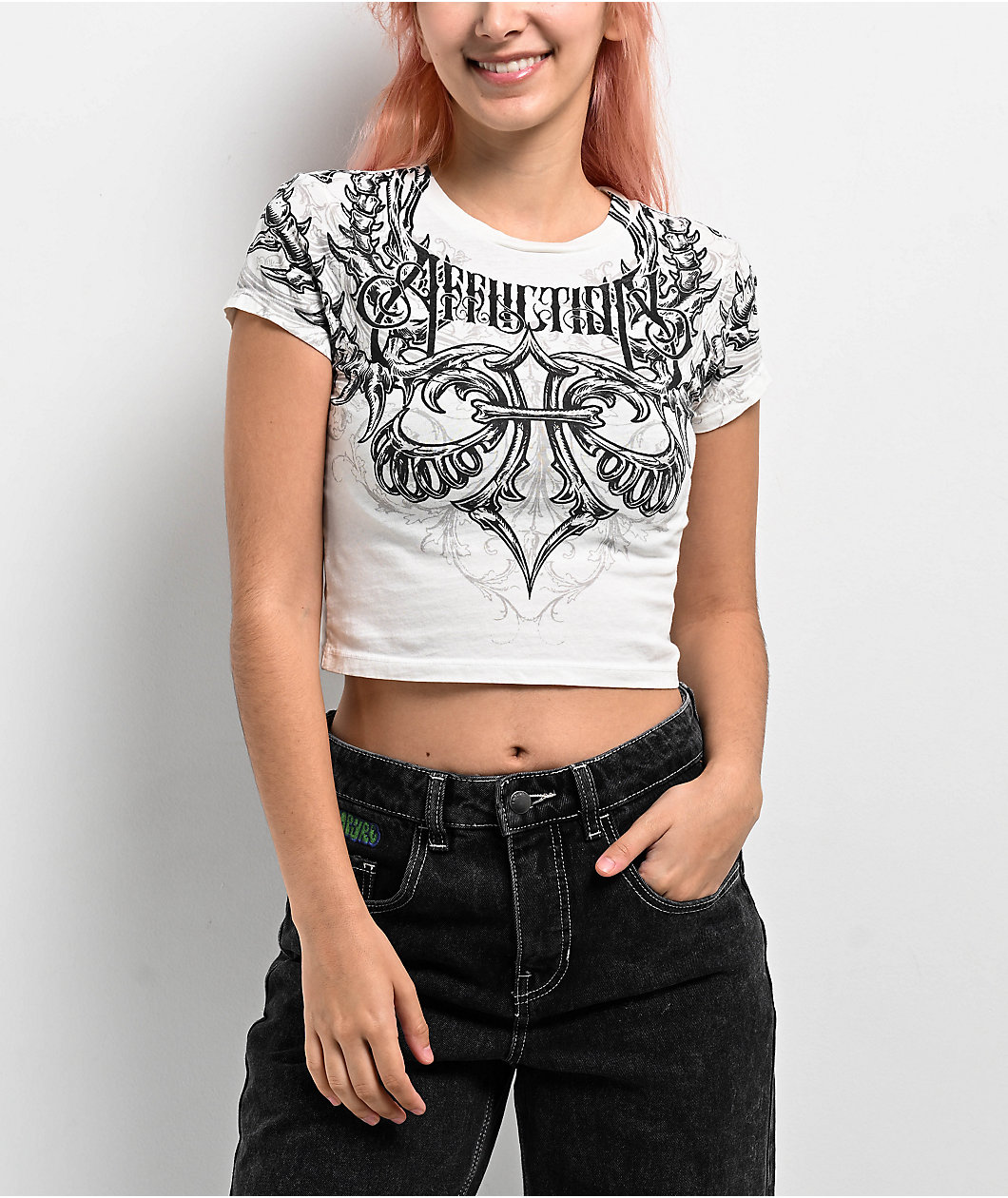 Affliction Vertibrate White Crop T-Shirt