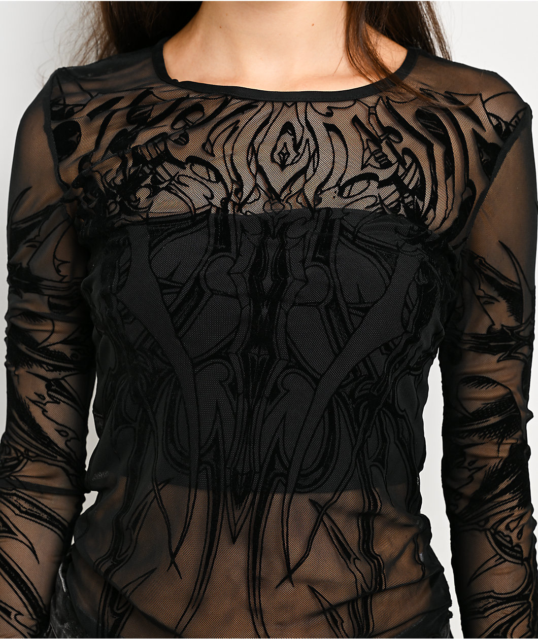 Affliction Waterfalls Black Long Sleeve Mesh Top