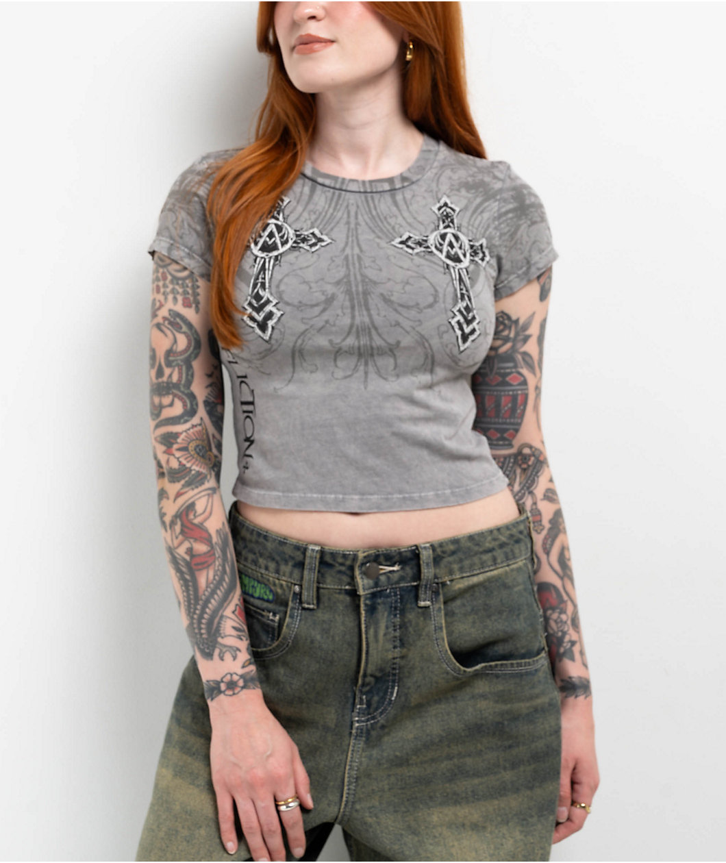 Affliction Winged Dagger Grey Crop T-Shirt