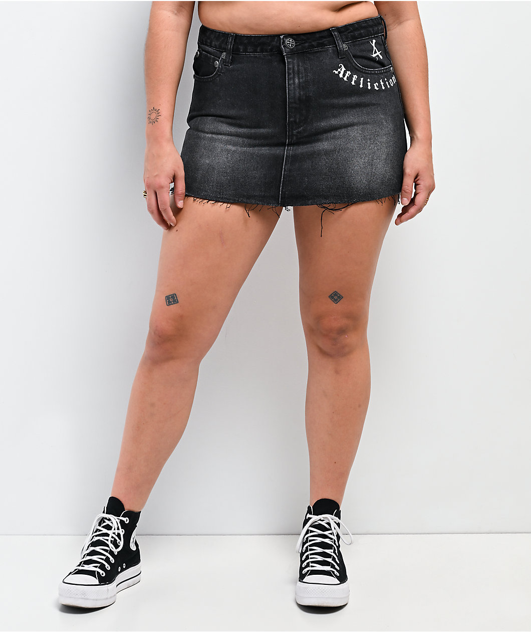 Affliction Winged Up Black Denim Cutoff Mini Skirt