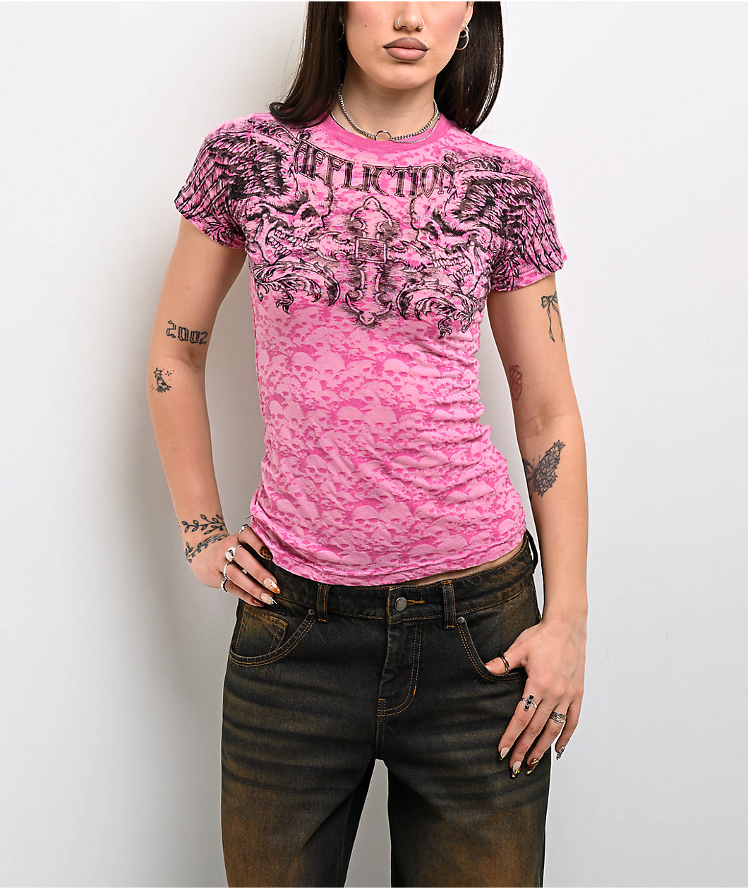 Affliction Winged Up Pink Burnout T-Shirt