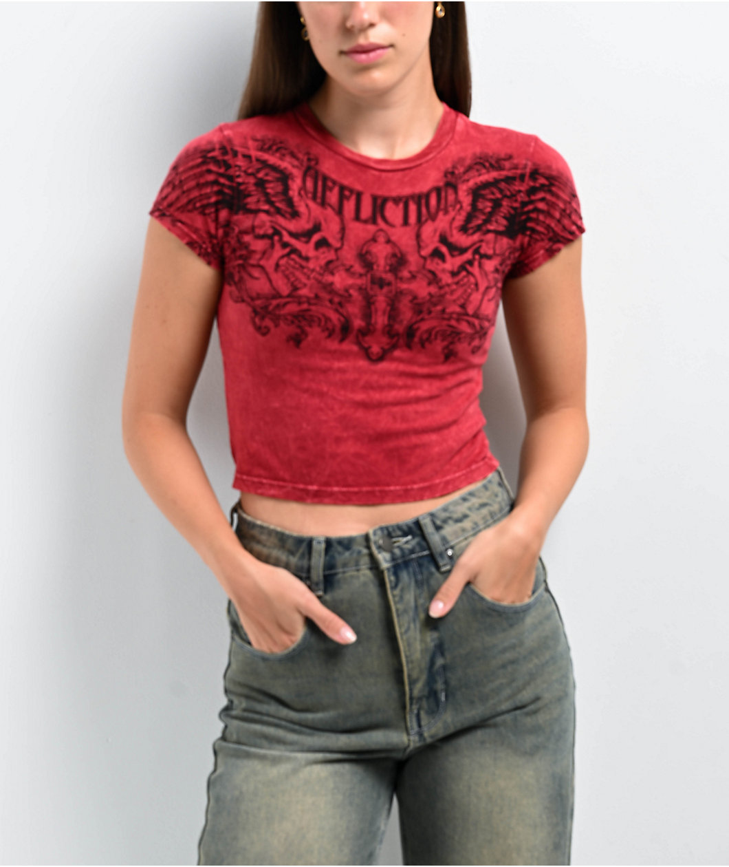 Affliction Winged Up Red Wash Crop T-Shirt