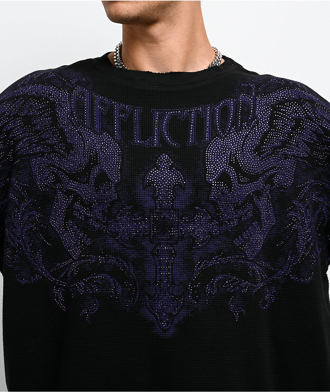 Affliction Winged Up Rhinestone Purple Oversized Thermal Long Sleeve T-Shirt