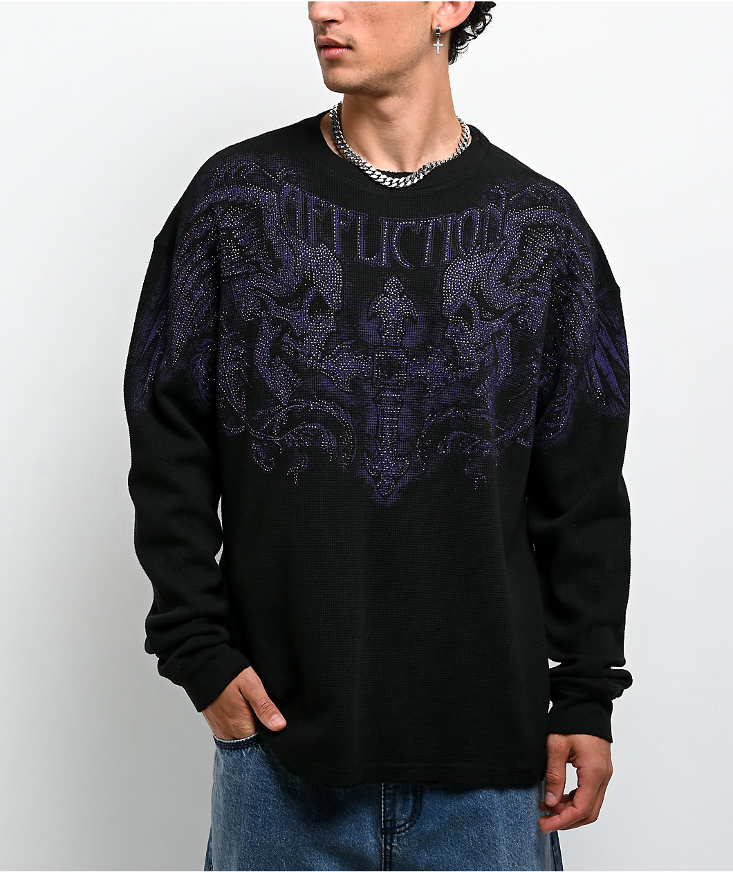 Affliction Winged Up Rhinestone Purple Oversized Thermal Long Sleeve T-Shirt