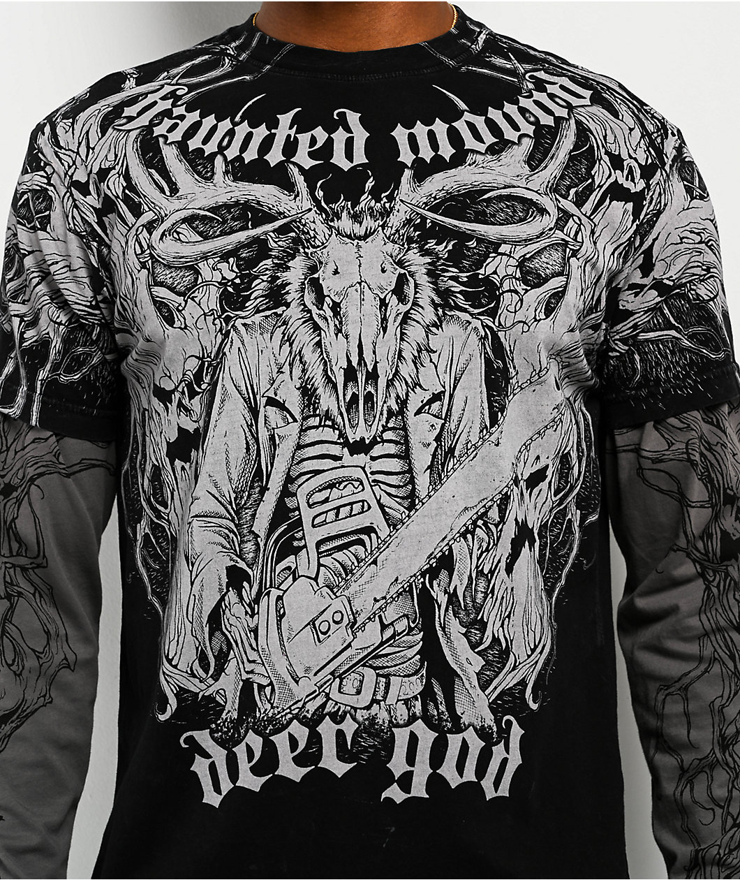 Affliction x Haunted Mound Deer God Black Wash & Grey 2Fer Long Sleeve T-Shirt