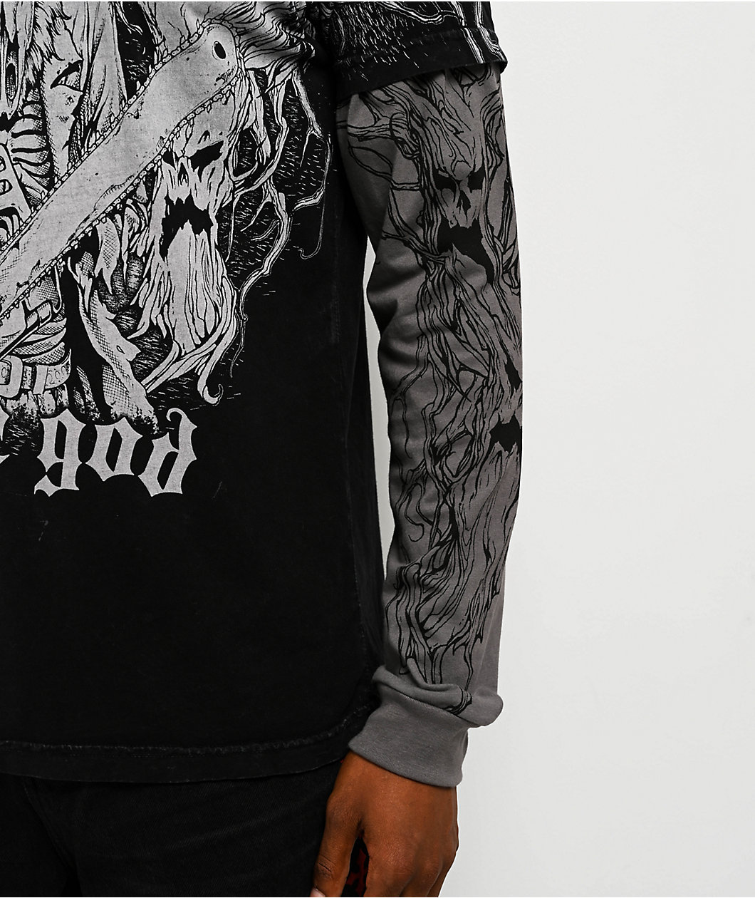 Affliction x Haunted Mound Deer God Black Wash & Grey 2Fer Long Sleeve T-Shirt