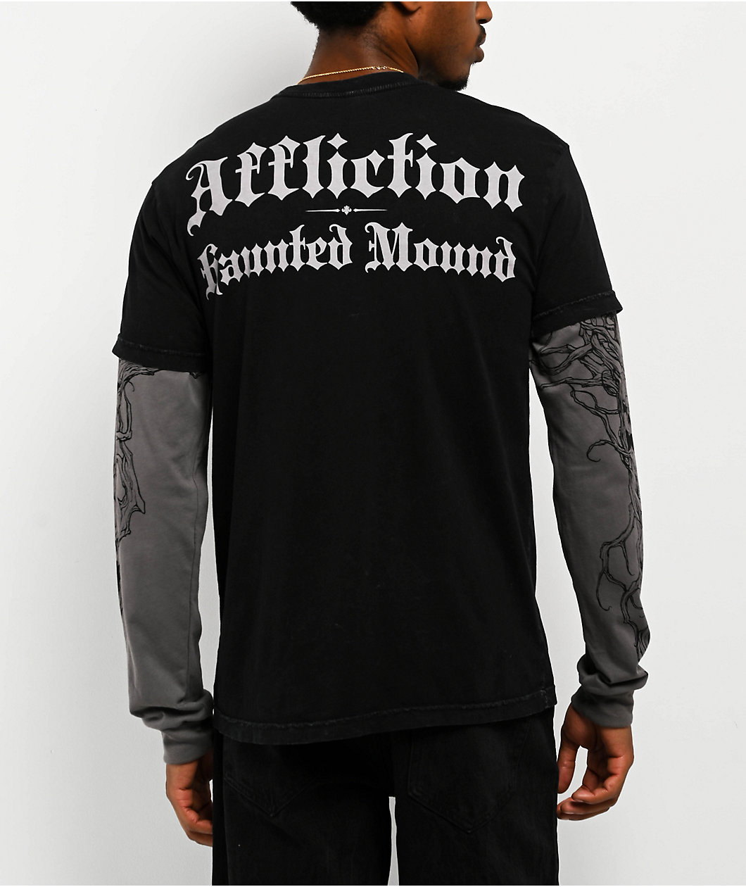 Affliction x Haunted Mound Deer God Black Wash & Grey 2Fer Long Sleeve T-Shirt