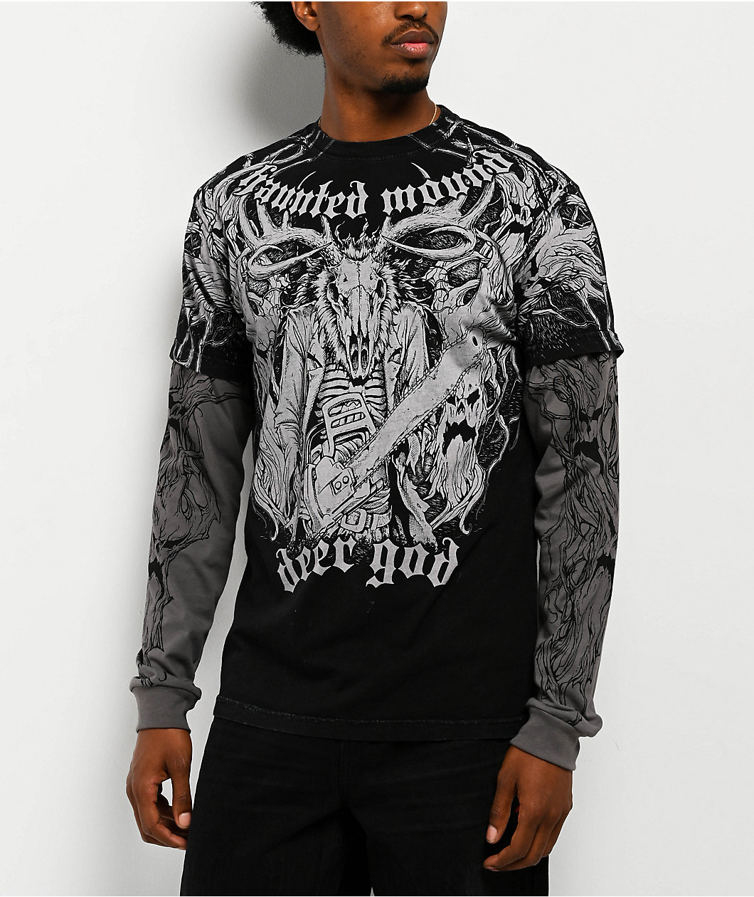Affliction x Haunted Mound Deer God Black Wash & Grey 2Fer Long Sleeve T-Shirt