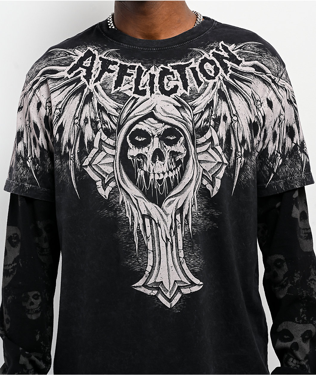 Affliction x Misfits Bat Black Wash 2fer Long Sleeve T-Shirt