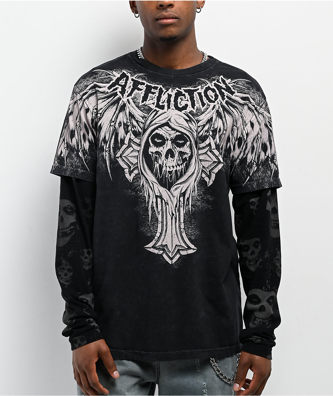 Affliction x Misfits Bat Black Wash 2fer Long Sleeve T-Shirt