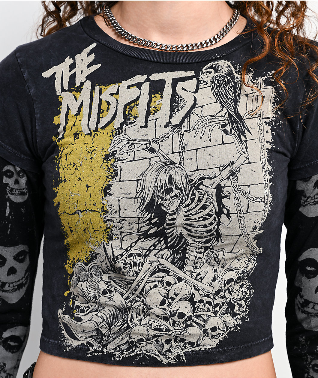 Affliction x Misfits Shackles Black Wash 2fer Long Sleeve Crop T-Shirt