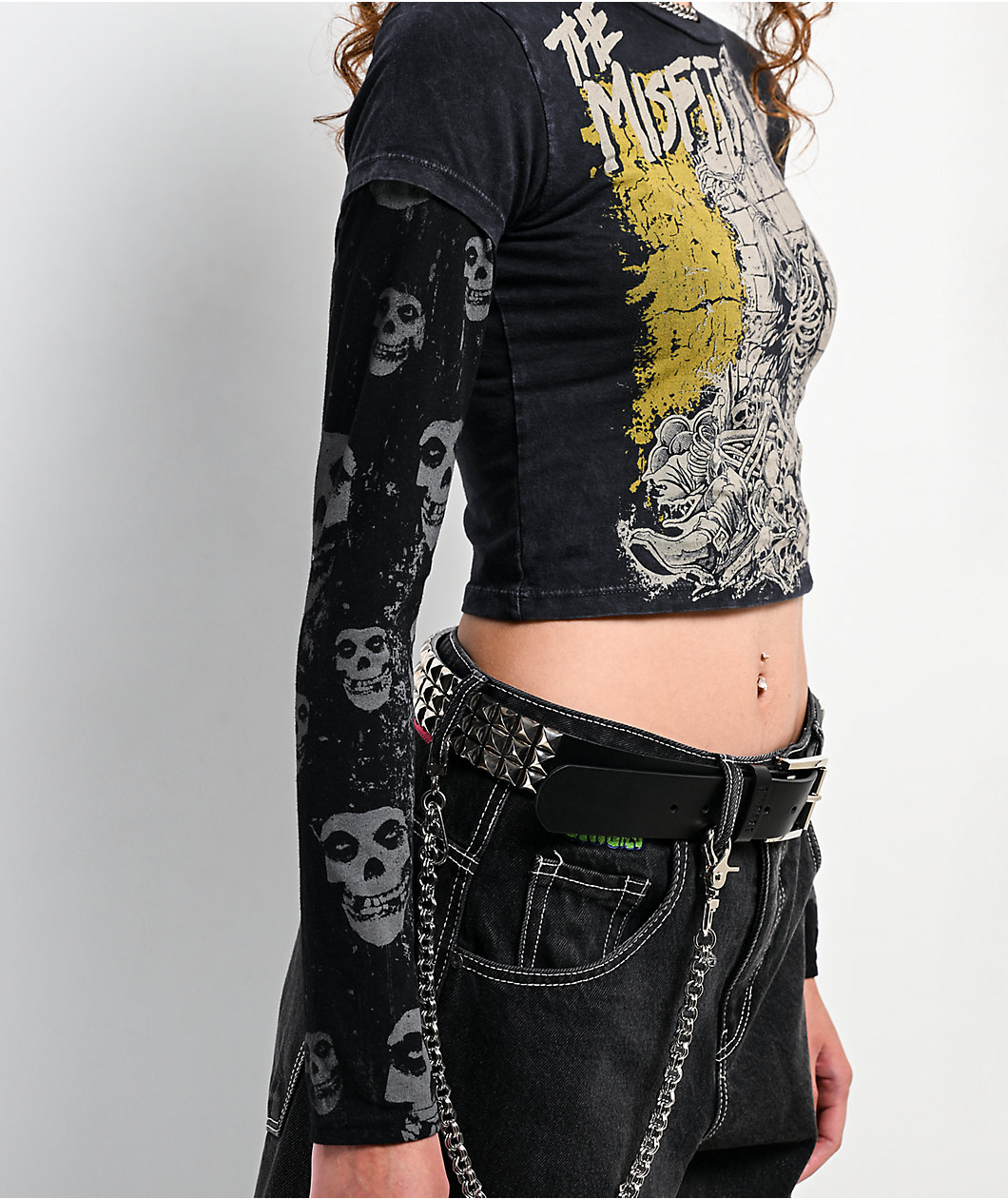 Affliction x Misfits Shackles Black Wash 2fer Long Sleeve Crop T-Shirt