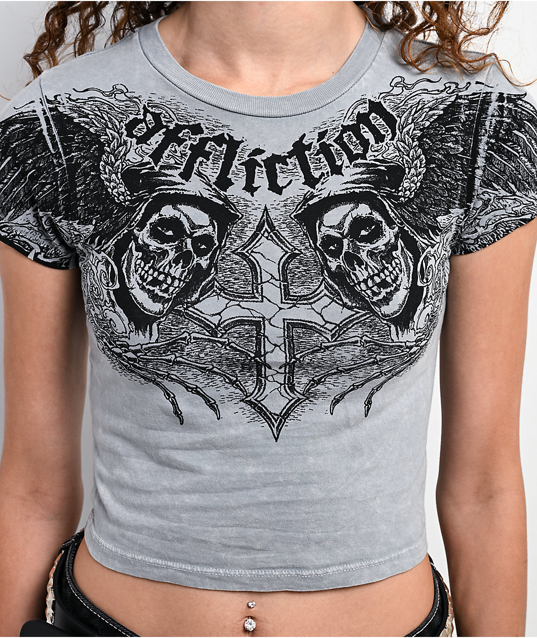 Affliction x Misfits Wings Grey Wash Crop T-Shirt