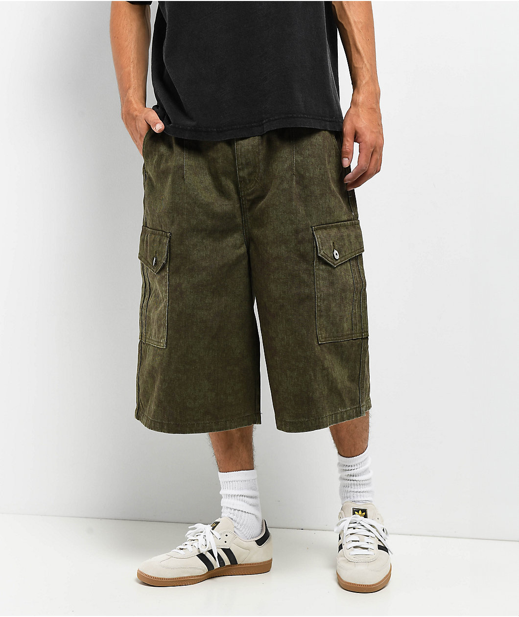 American Stitch Baggy Green Wash Cargo Denim Shorts