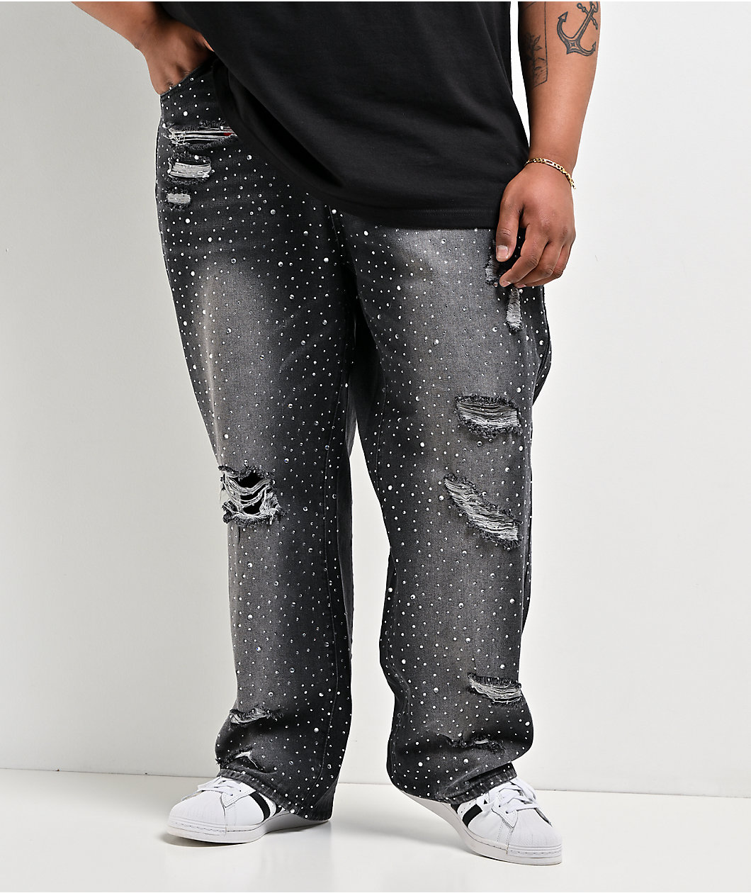 American Stitch Distressed Rhinestone Grey Wash Jeans