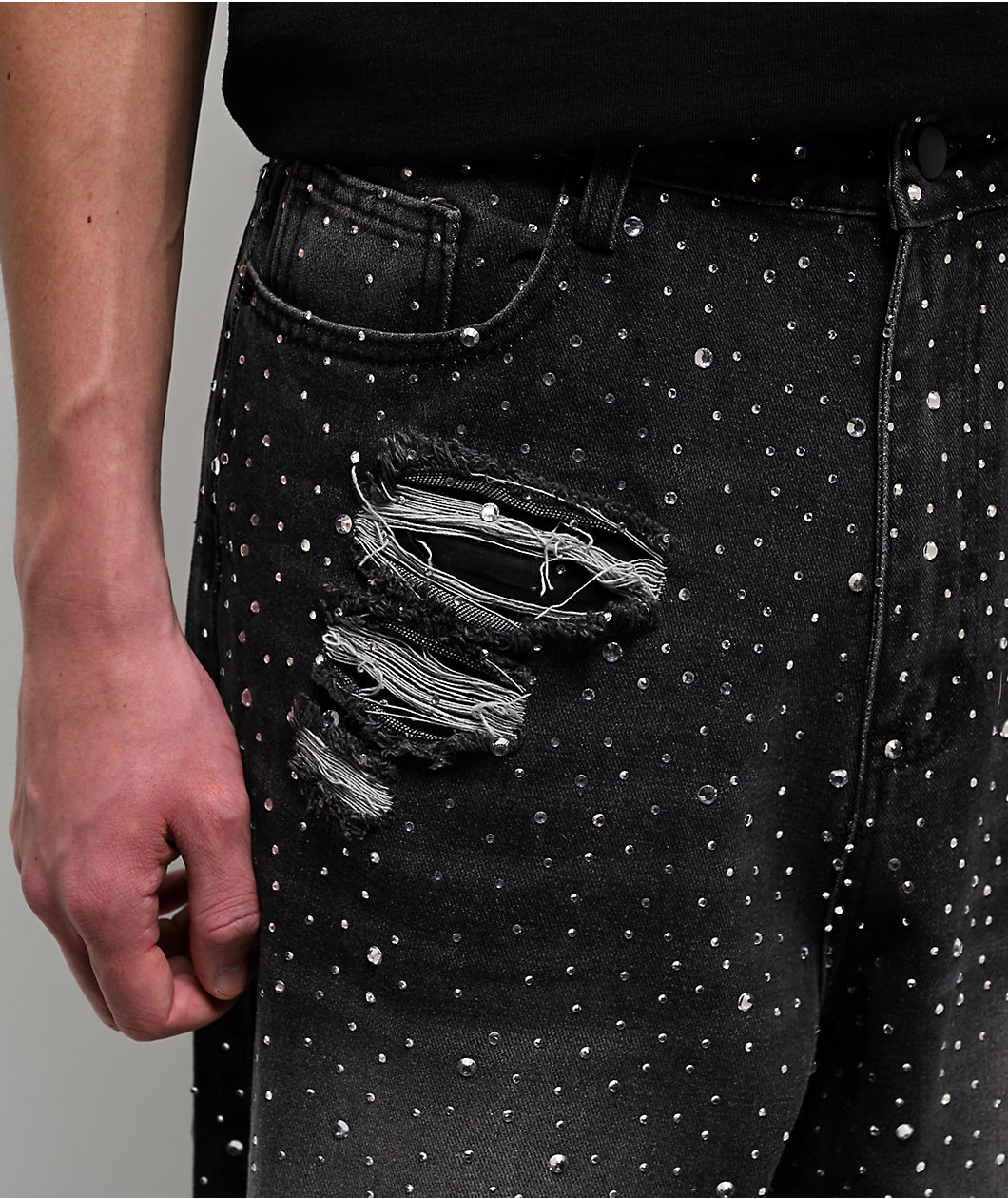 American Stitch Distressed Rhinestone Grey Wash Jeans