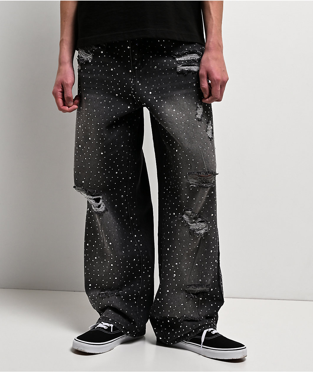 American Stitch Distressed Rhinestone Grey Wash Jeans