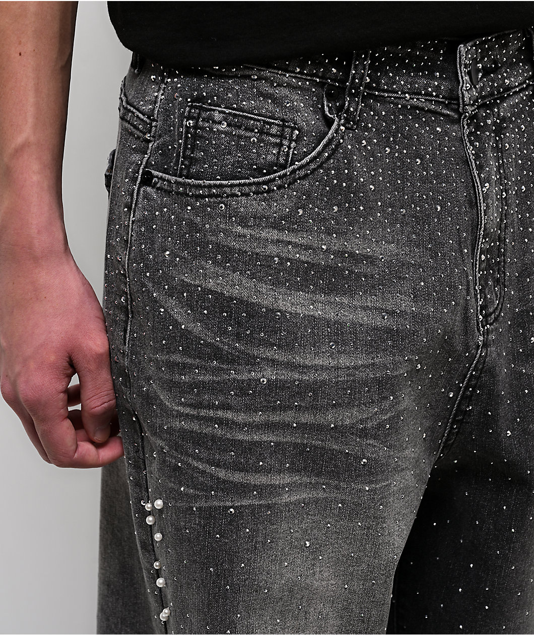American Stitch Pearl Rhinestone Grey Wash Baggy Jeans