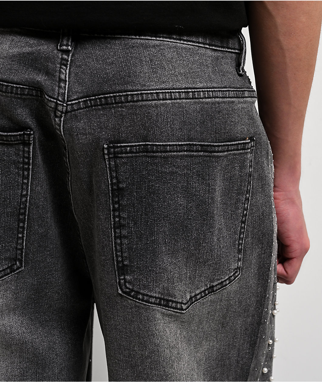 American Stitch Pearl Rhinestone Grey Wash Baggy Jeans