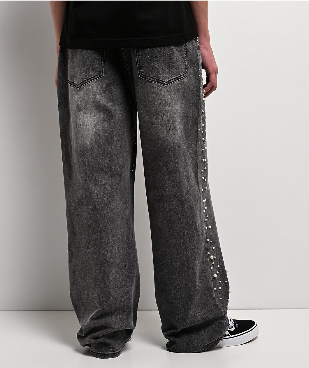 American Stitch Pearl Rhinestone Grey Wash Baggy Jeans