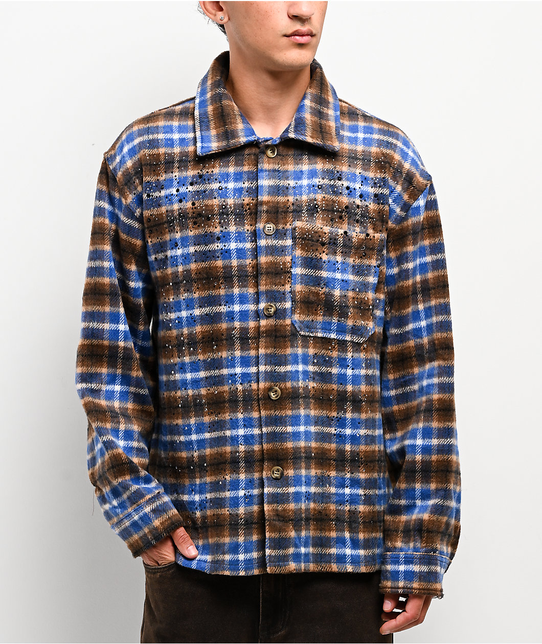 American Stitch Rhinestone Blue & Brown Flannel Shirt