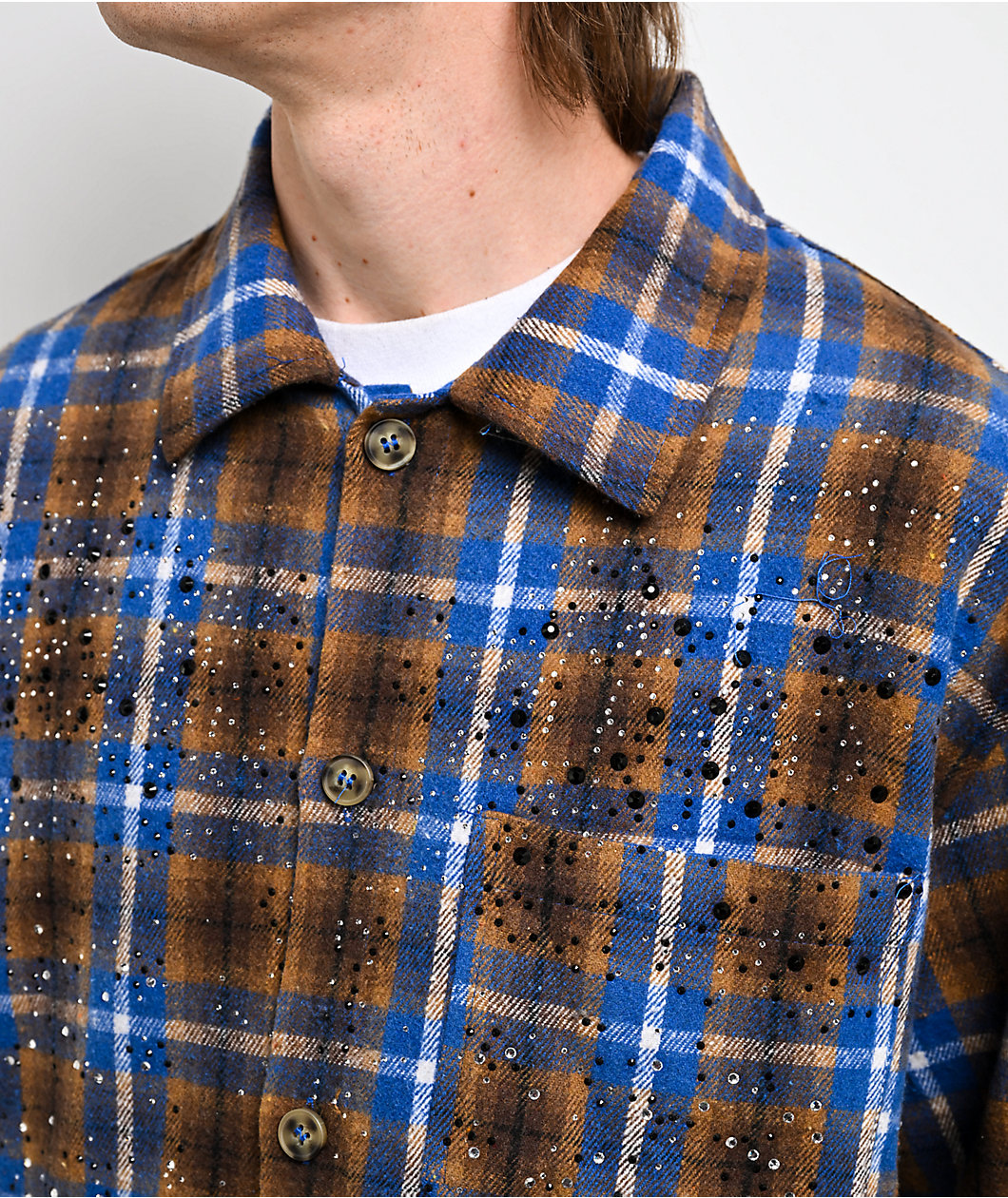 American Stitch Rhinestone Blue & Brown Flannel T-Shirt
