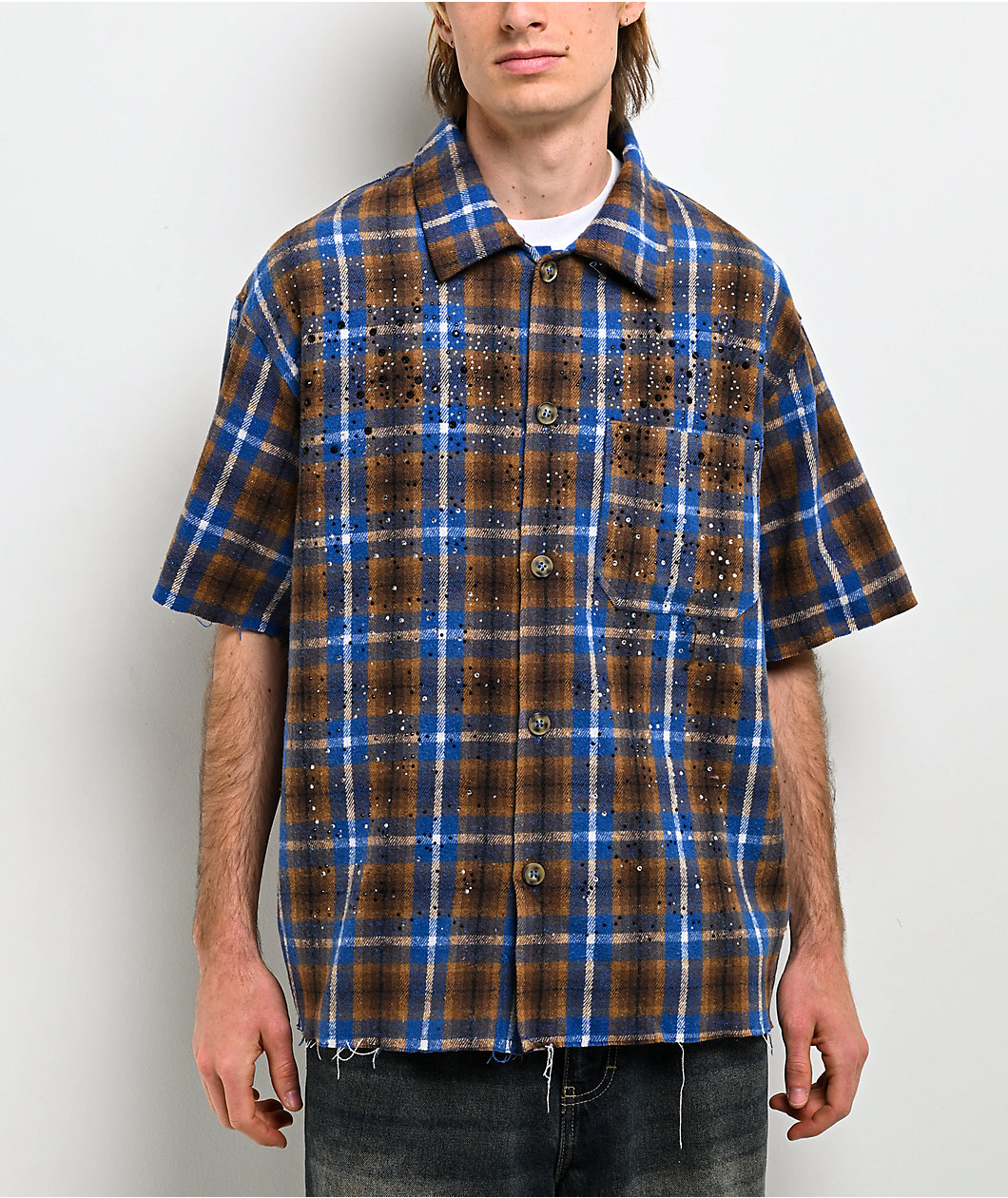 American Stitch Rhinestone Blue & Brown Flannel T-Shirt