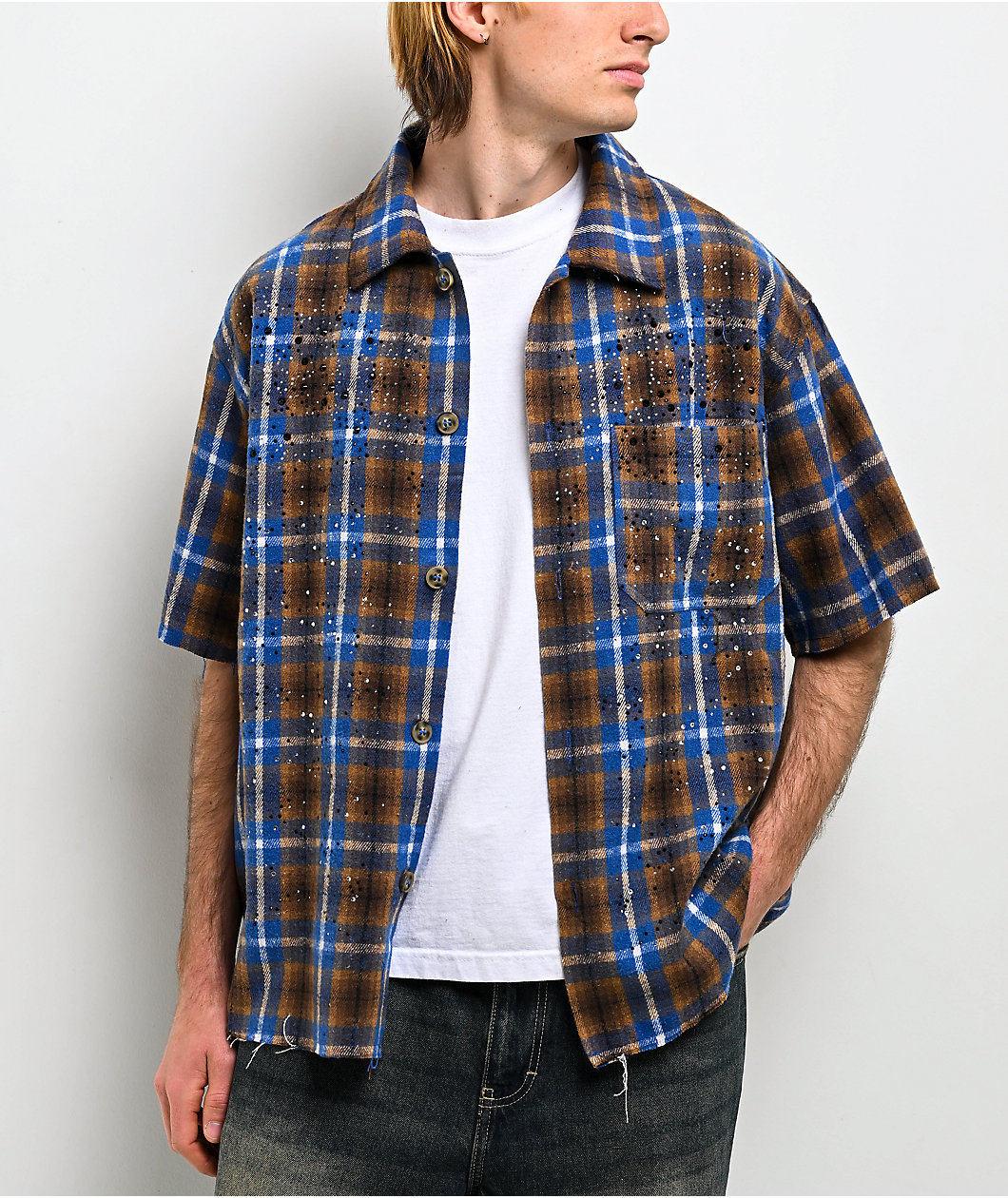 American Stitch Rhinestone Blue & Brown Flannel T-Shirt