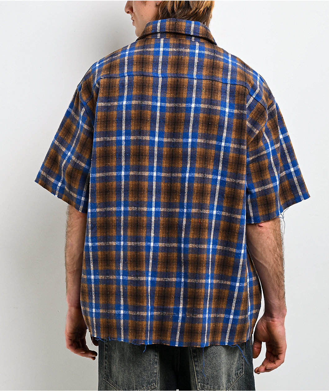 American Stitch Rhinestone Blue & Brown Flannel T-Shirt