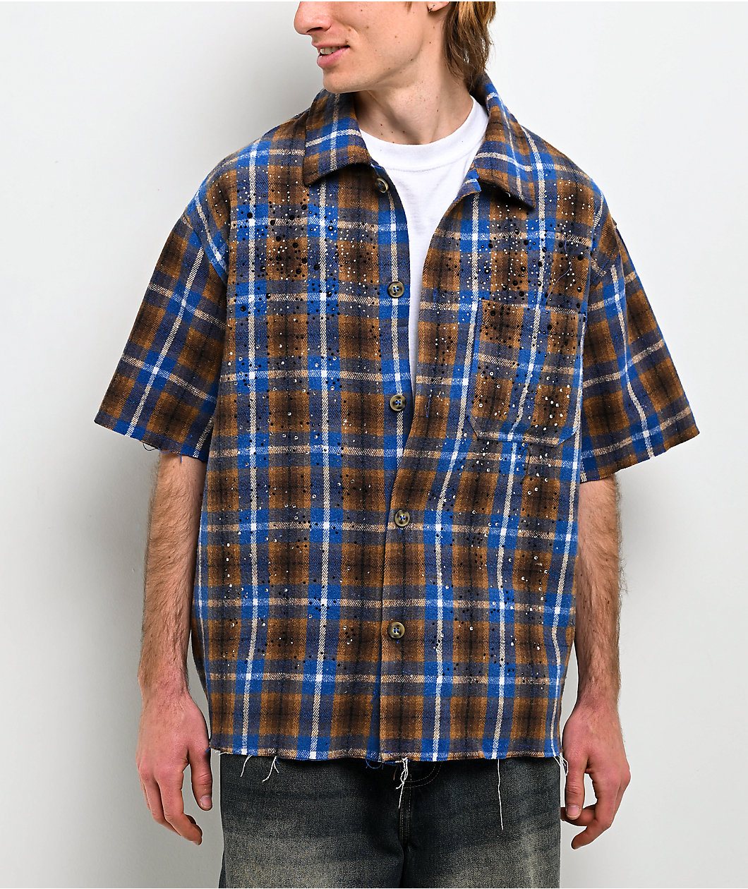 American Stitch Rhinestone Blue & Brown Flannel T-Shirt