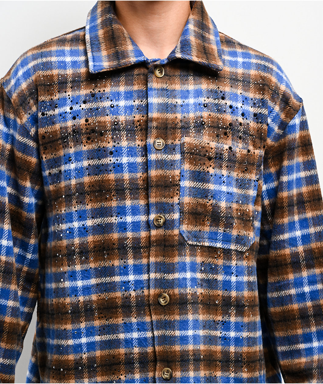American Stitch Rhinestone Blue & Brown Flannel Shirt | MainPlace Mall