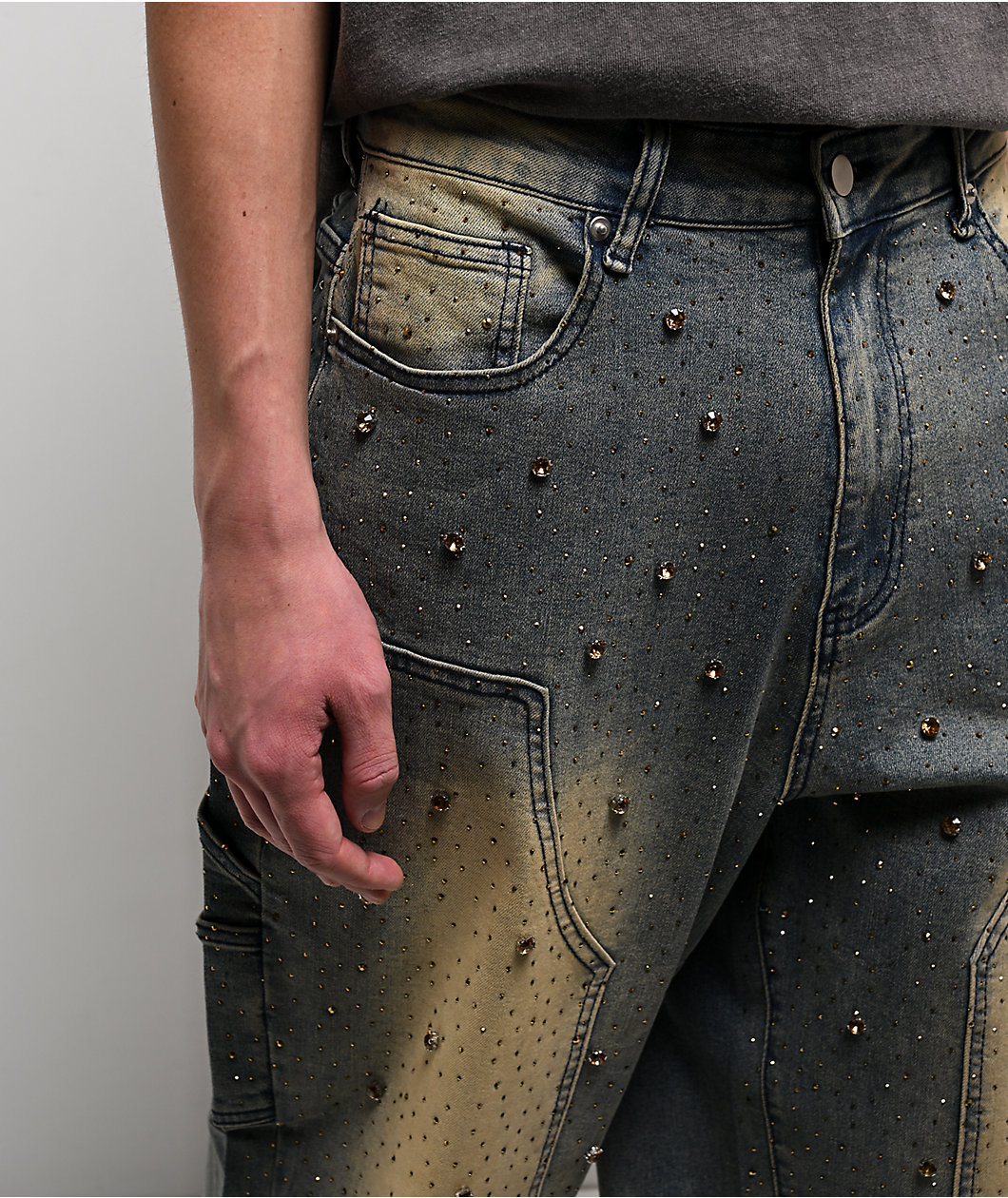 American Stitch Rhinestone Double Knee Blue Wash Carpenter Jeans
