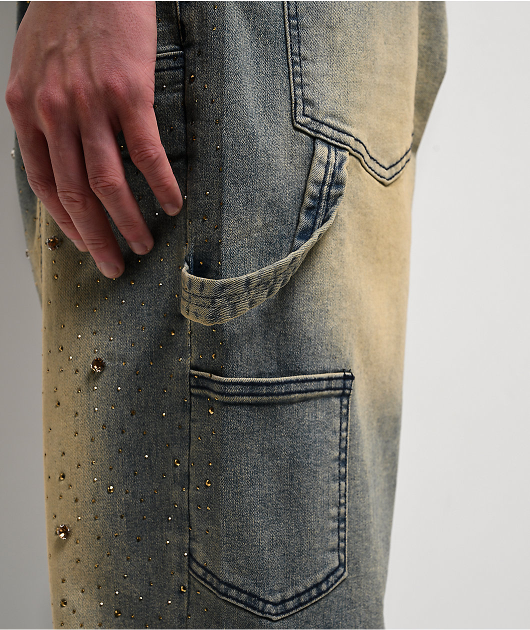 American Stitch Rhinestone Double Knee Blue Wash Carpenter Jeans