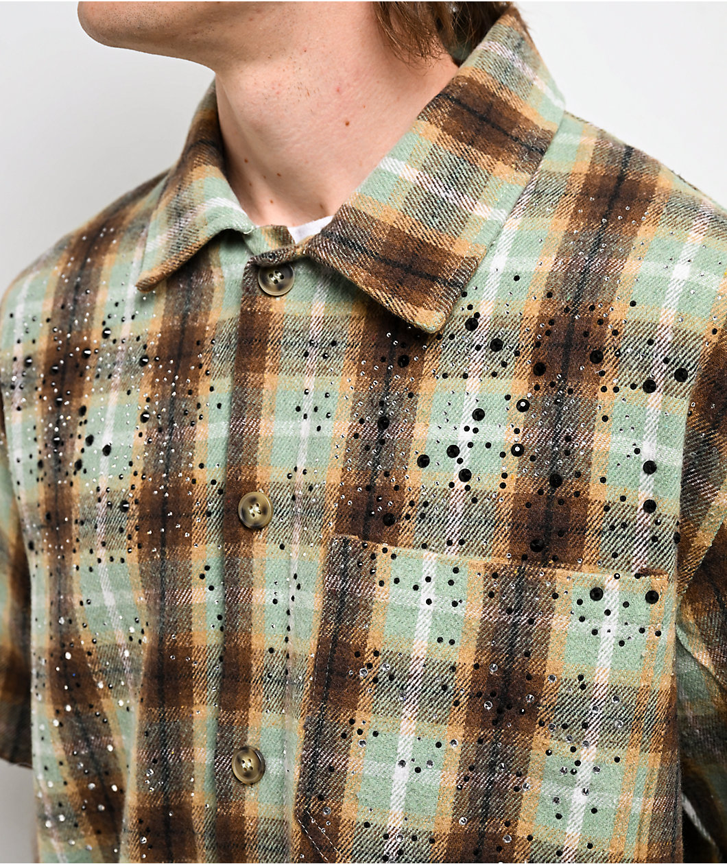 American Stitch Rhinestone Green & Brown Flannel T-Shirt