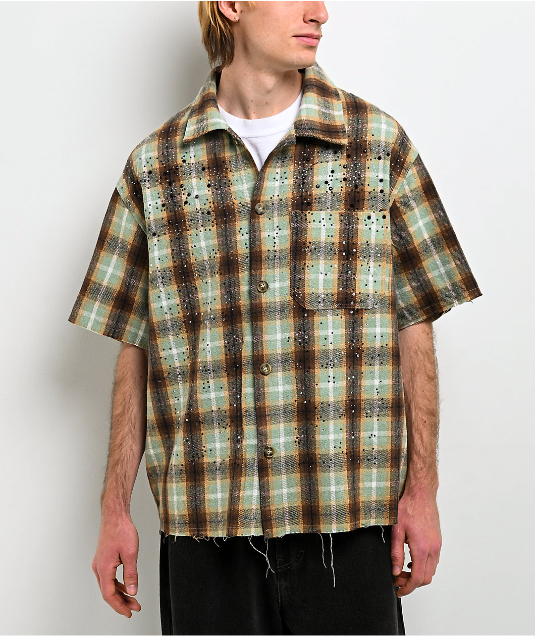 American Stitch Rhinestone Green & Brown Flannel T-Shirt
