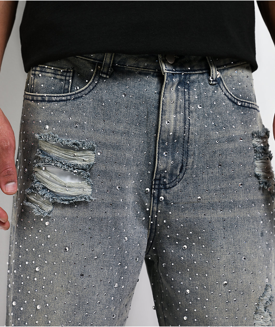 American Stitch Rhinestone Light Blue Wash Distressed Baggy Jeans