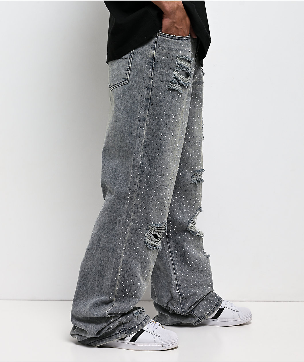 American Stitch Rhinestone Light Blue Wash Distressed Baggy Jeans
