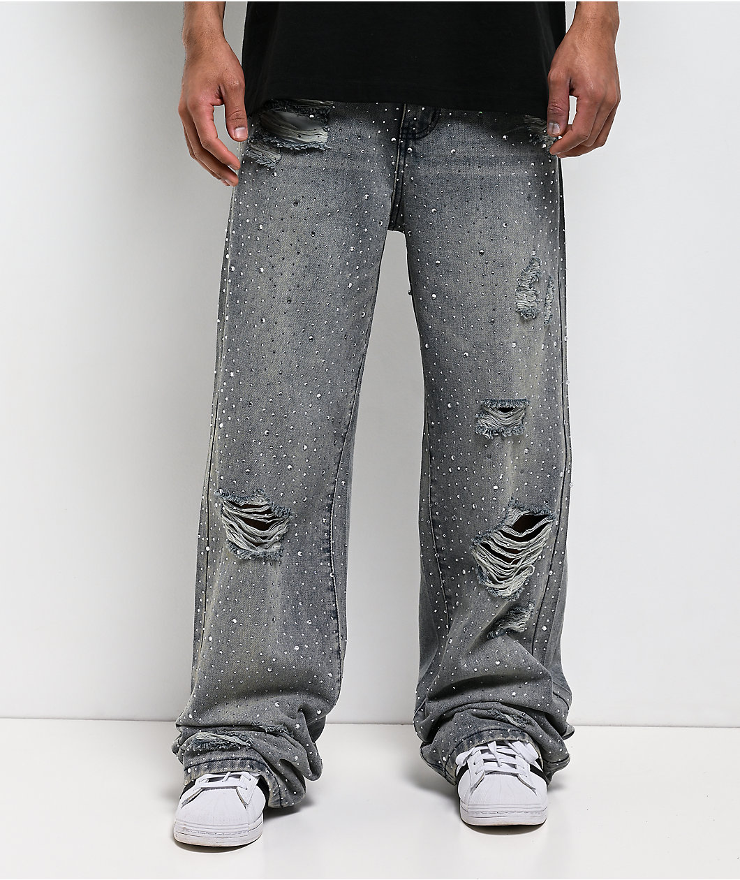 American Stitch Rhinestone Light Blue Wash Distressed Baggy Jeans