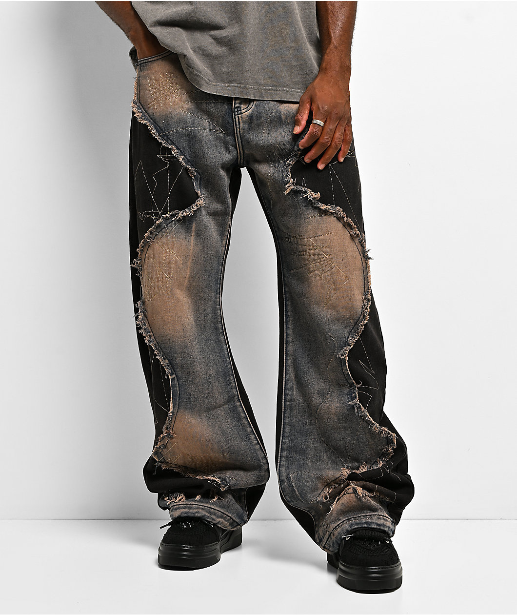 American Stitch Rip And Repair Black & Blue Wash Jeans