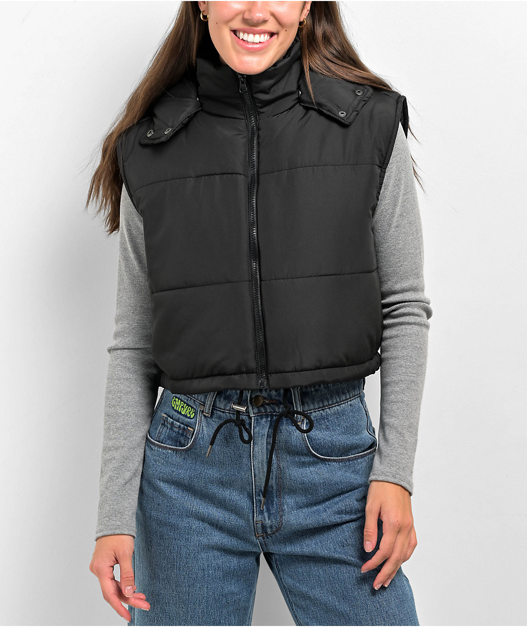 Angel Kiss Black Crop Puffer Vest