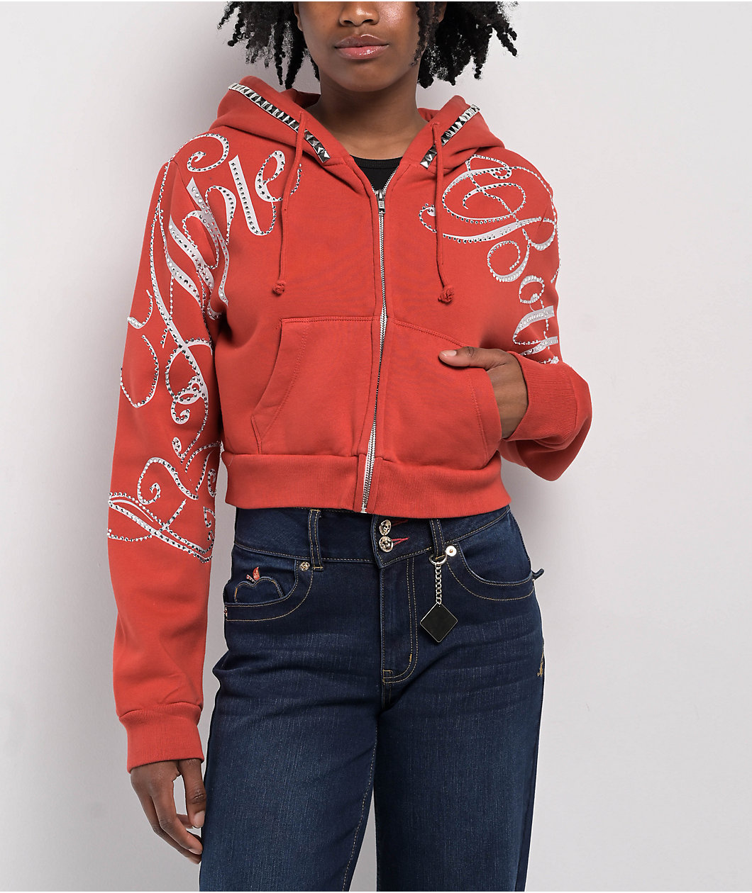 Apple Bottoms Embellished Red Crop Zip Hoodie