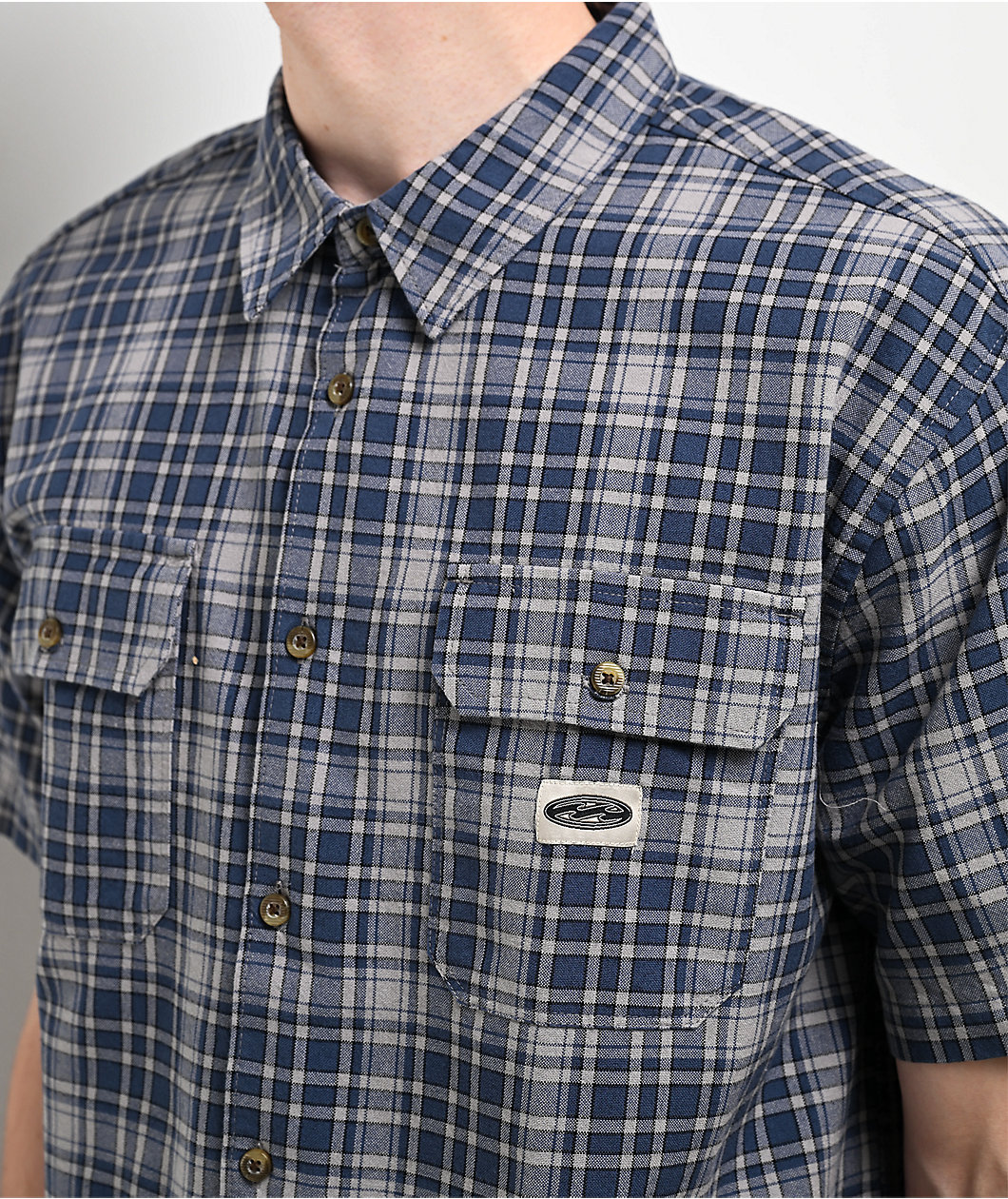 Billabong Bad Dog Plaid Blue & Grey Short Sleeve Button Up Shirt